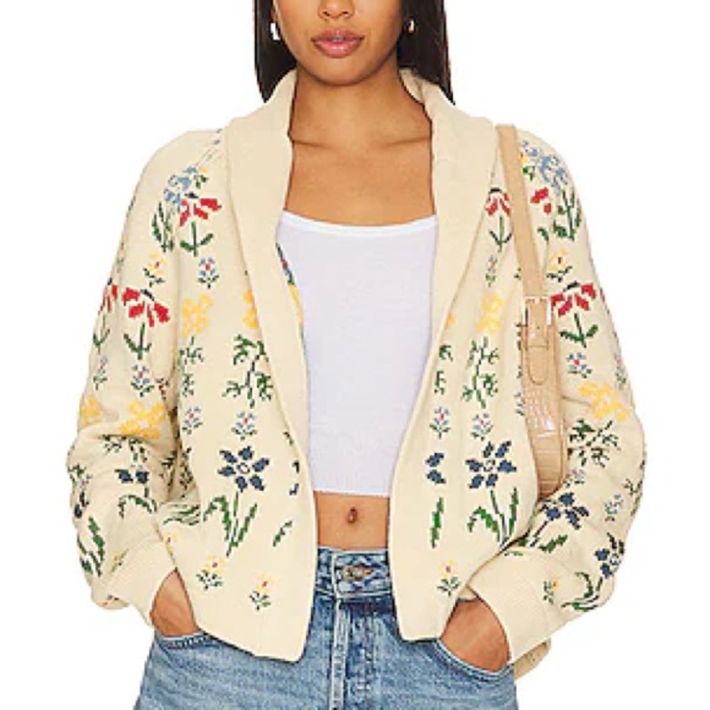 THE GREAT. Floral Embroidered Cream Cardigan